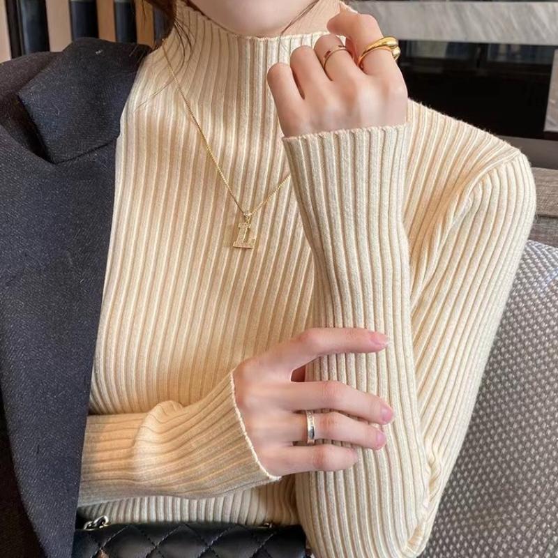 

Элегантные однотонные базовые вязаные топы, женский свитер с воротником и длинным рукавом, повседневный тонкий пуловер, корейская модная простая шикарная одежда One Size