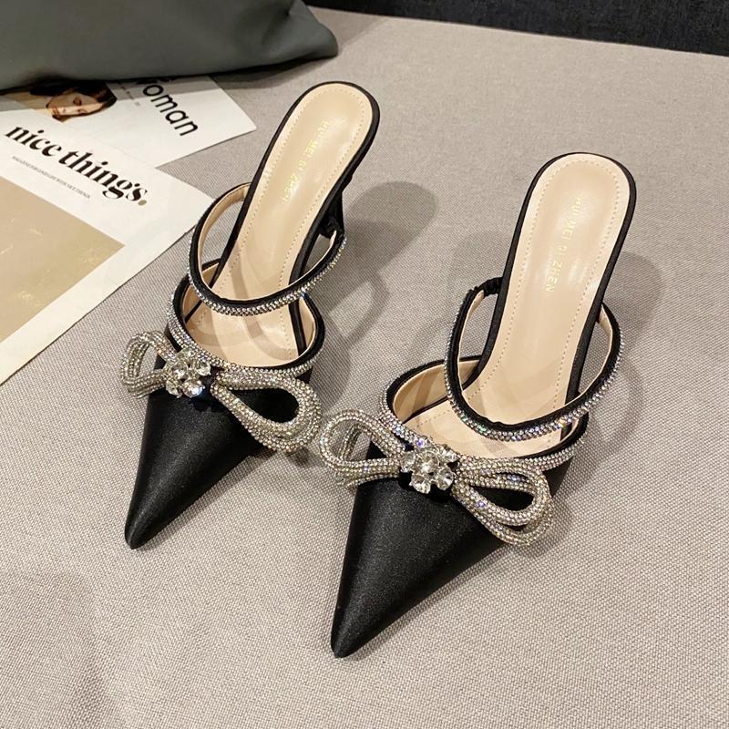 Pointed sandals women's 2025 new summer fashion rhinestone word with bag head thin heel high heel muller shoes sandals