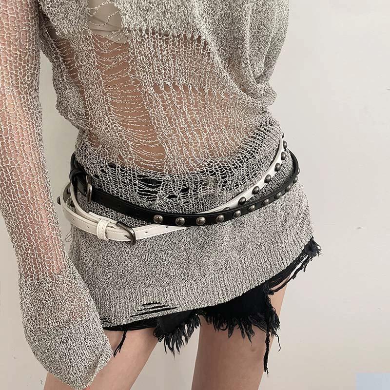 Women's 2023 Black Rivet Hip Hop Punk Thin Waist Belt - Korean & Versatile Ins Style