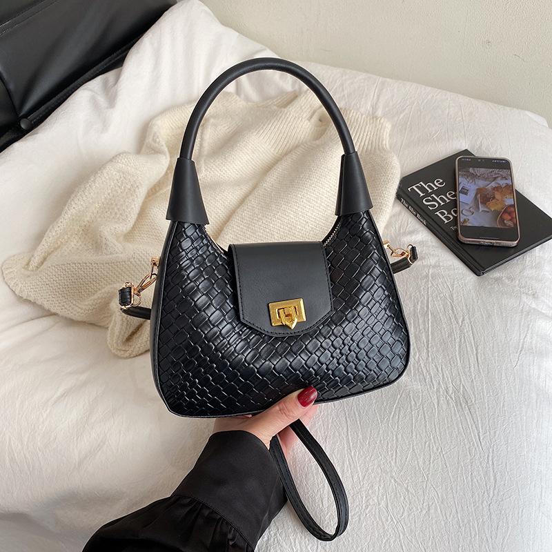 

2025 large capacity new fashion woven pattern casual solid color hand carry crescent dumplings one shoulder underarm bag women