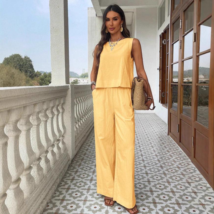 Women's Loose Fit Two Piece Outfit Sleeveless Tank Top High Waist Wide Leg Pantsuit