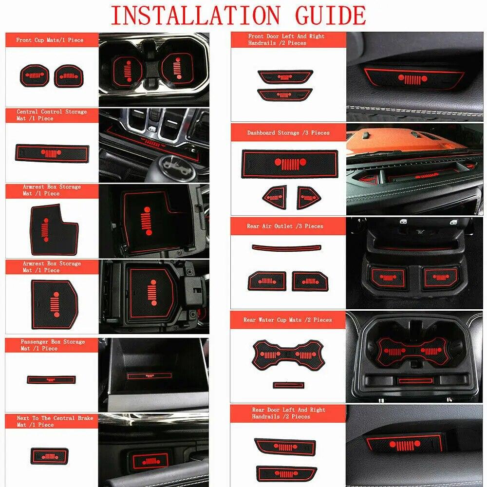 For 2018 Jeep Wrangler JL JLU Accessories Door Mats Gate Slot Mat Cup Pads Red
