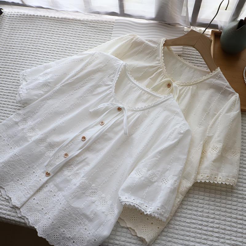 2025 Summer Korean Round Neck Tie-Up Embroidered Cutout Short Sleeve Women's Top