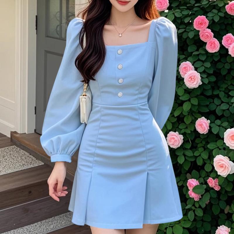 

VONDA Женские повседневные платья с квадратным вырезом, пышными длинными рукавами, однотонные, облегающие бедра 4XL синий