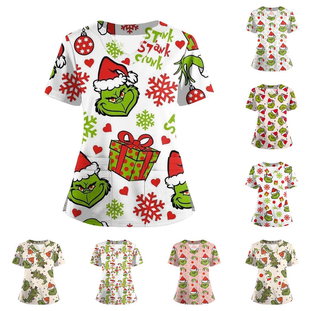 Women's Short Sleeved Christmas Printed V-neck Buttonable Side Slit Top T-shirt