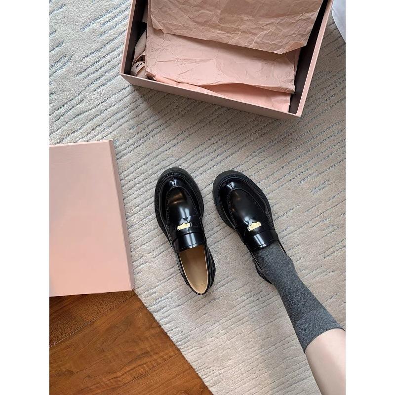 Cowhide version~ Gold coin round head small leather shoes women's thick-soled thick-heeled single shoes versatile one-pedal genuine leather hig