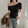 Slant Shoulder Short-sleeved T-shirt Women's Summer New Beautiful Off-the-shoulder Sexy Hot Girl Design Sense Niche Chic Top