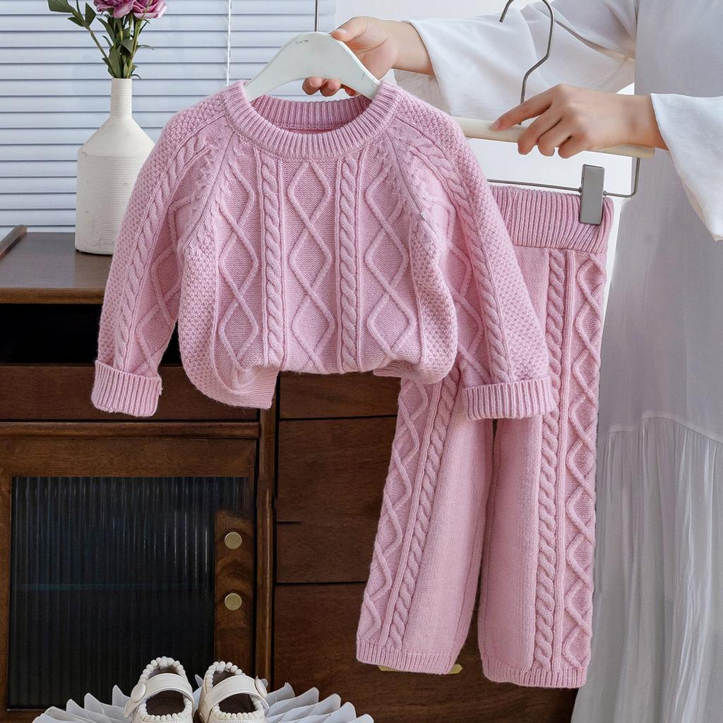 Girls Autumn Knitting Sweater Sets Pullover Girls Clothing Sets Winter Korean Sweater Pants Children Knitted Wool Trouser Suits
