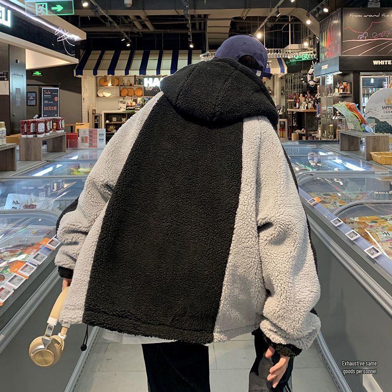 Men's Winter Lambswool Hooded Jacket: Loose, Plush, Trendy Korean Style for Couples.