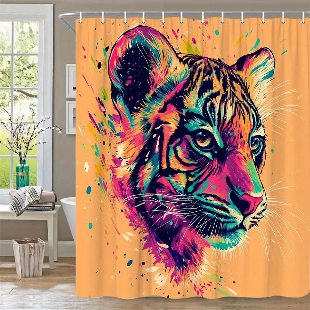 1pc Vibrant Tiger Shower Curtain - Abstract Art Design with Bold Pink, Blue, Green, Yellow Strokes, 70. 86x70. 86 Inches, Polyes W90xH180cm
