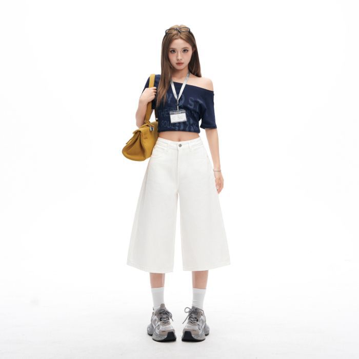 Fashion Dark Blue High Waist Casual Wide Leg Cropped Capri Denim Pants For Women Loose Straight Slimming FigureFlattering AllMatch Capri Trousers