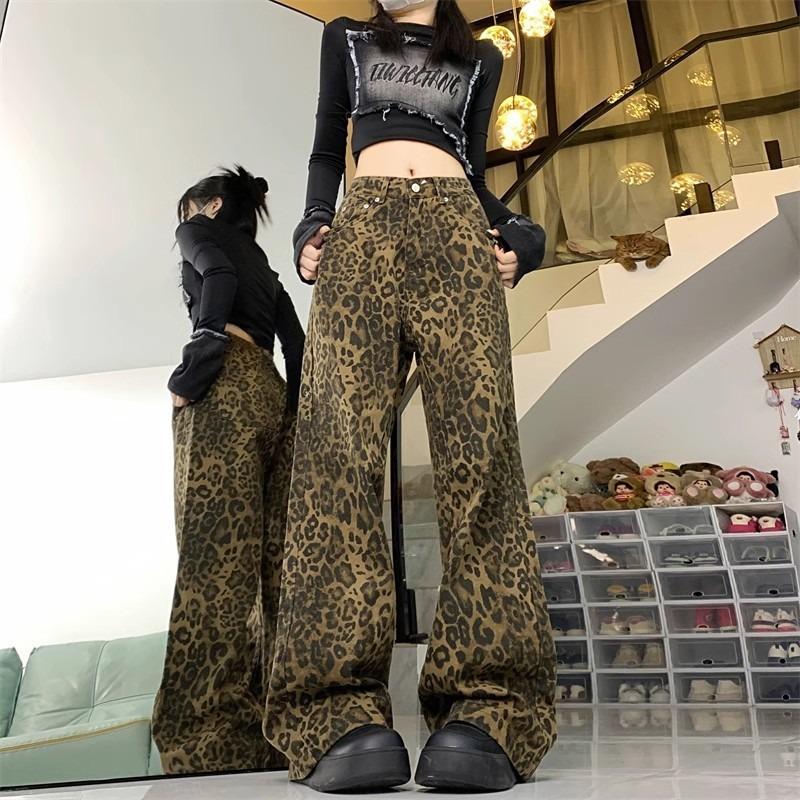 

American Retro Leopard Print Jeans for Women Summer Trendy Brand Niche Wide-leg Straight Pants Loose and Drapey Casual Long Waist S коричневый