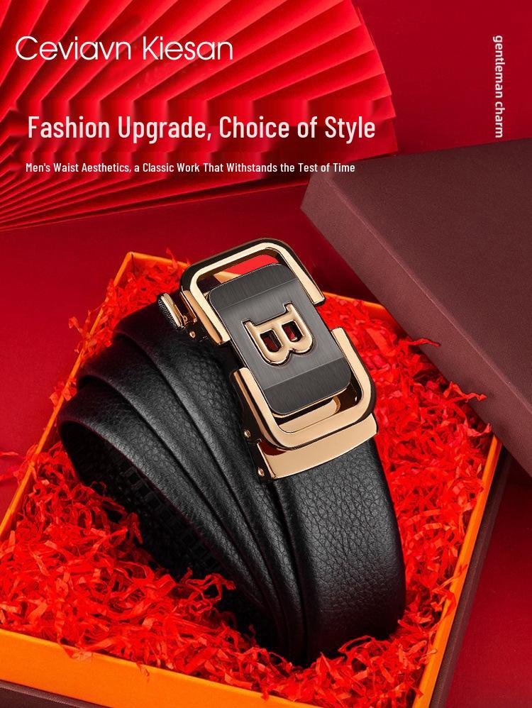 Men's Genuine Leather Belt with Automatic Buckle – Fashionable, Versatile, and Trendy Business Waistband with Gift Box Packaging.