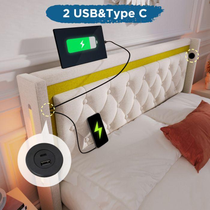 Lit LED - MUVOE - 160x200 - Tête de lit avec rangement - Chargeur USB - Design contemporain
