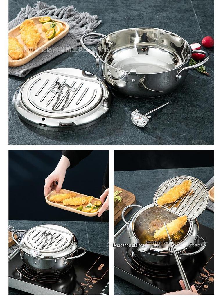 304 Stainless Steel Tempura Fryer with Thermometer for Oil-Saving On Induction and Gas Stoves