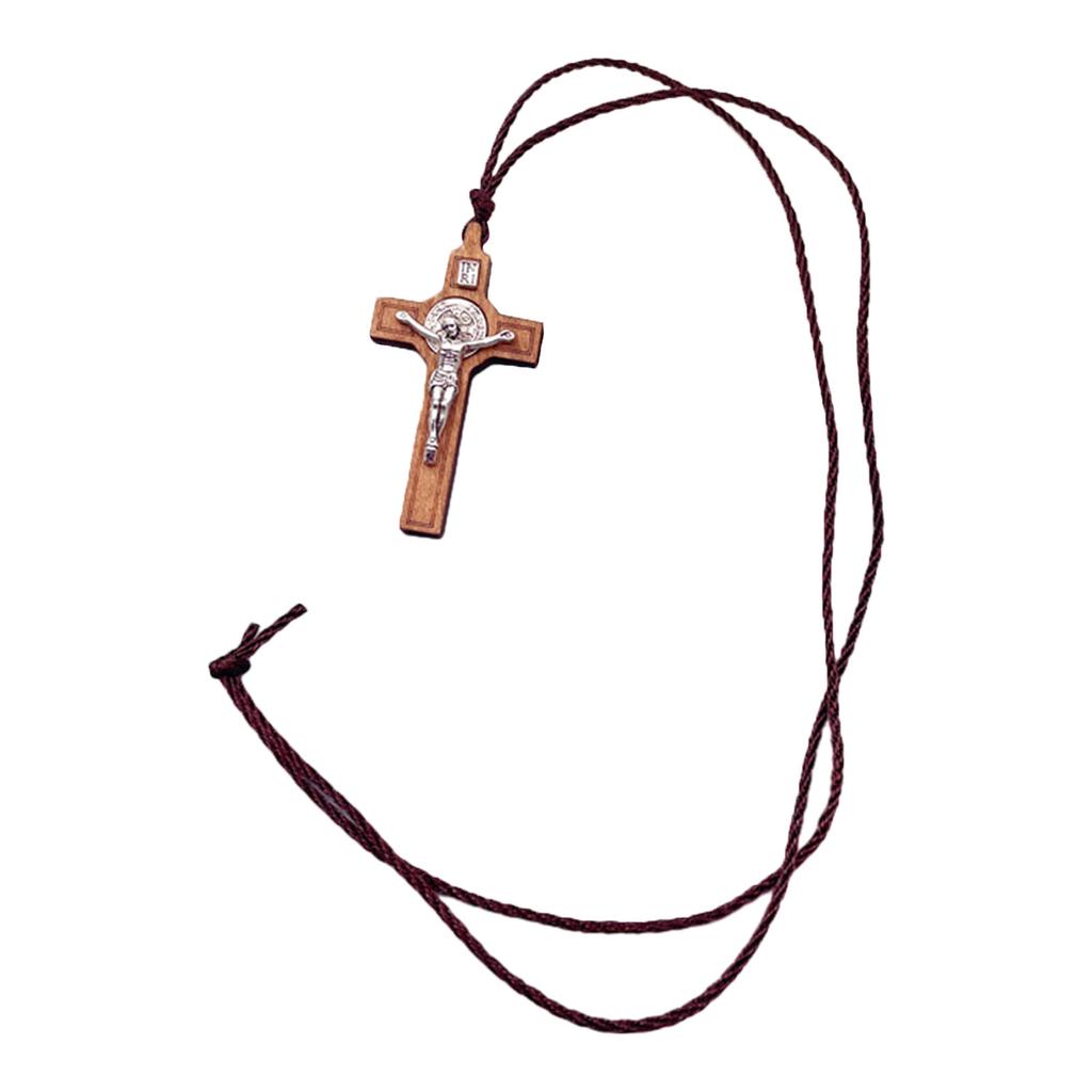 Retro Herren Damen Halskette mit schwarzem Seil Kreuz Anhänger Christlich Religiös Naturholz für Kinder Jungen Mädchen