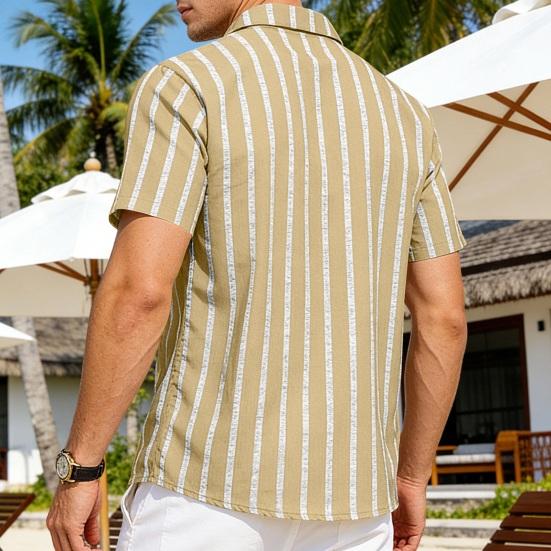 Men Striped Summer Shirt Short Sleeve Turndown Collar Button-up Shirt Casual Loose Fit Holiday Shirt for Beach Party Vacation Date