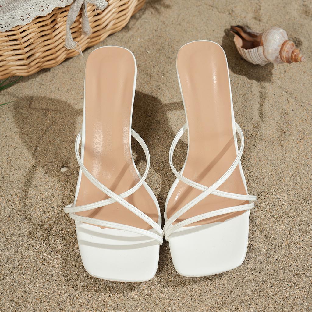Foreign trade simple thin belt solid color square head fashion cool slippers women's European and American sexy high heels women's 2025 summer new