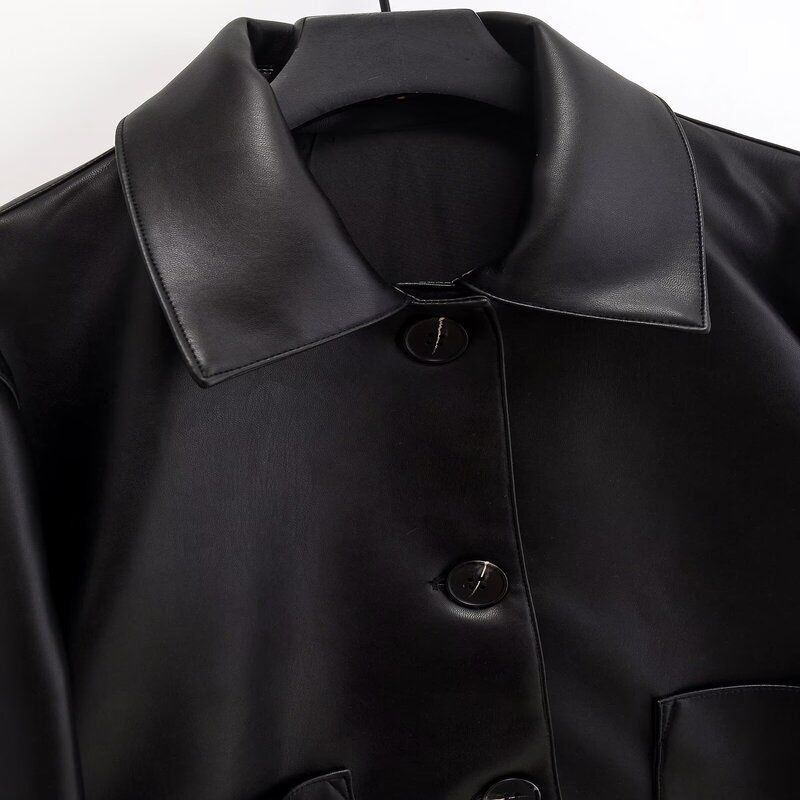 Fashion Style 2024 Autumn New Arrival Women's Elegant Black Leather Lapel Short Leather Jacket 04703813800
