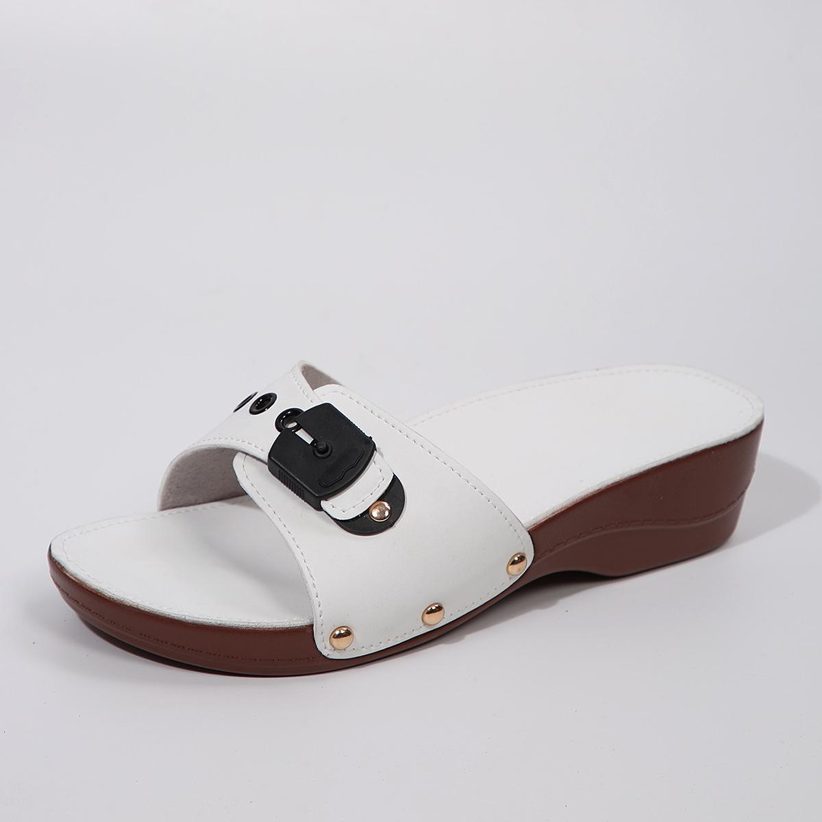 

Fashion Slippers for Women Fashion Thick Heeled Sandals Summer New Wedge Slippers Adjustable Belt Buckle Rivet Slippers Sandalias Mujer 36 белый