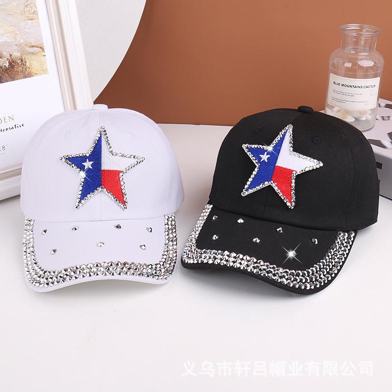 New Rhinestone Five-pointed Star National Flag Baseball Cap European and American Trendy Personalized Sunshade Cap Soft Top Casual Sunscreen Cap