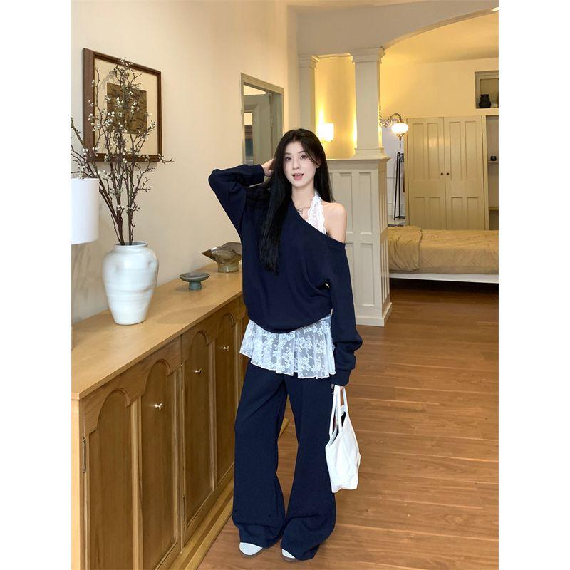 Fashion Casual Set Loose Oblique Shoulder Sweatshirt Women's Lace Small Tank Top Top Autumn High Waist Loose Pants Three-Piece Set