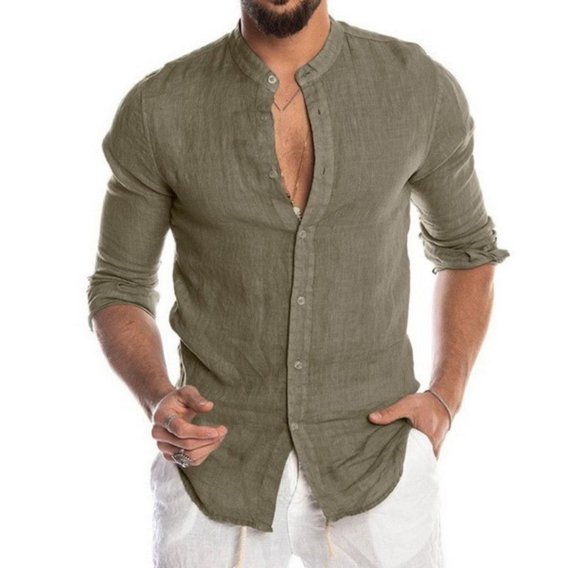 Autumn and winter V-neck linen new cardigan stand-up collar long-sleeved men's shirt
