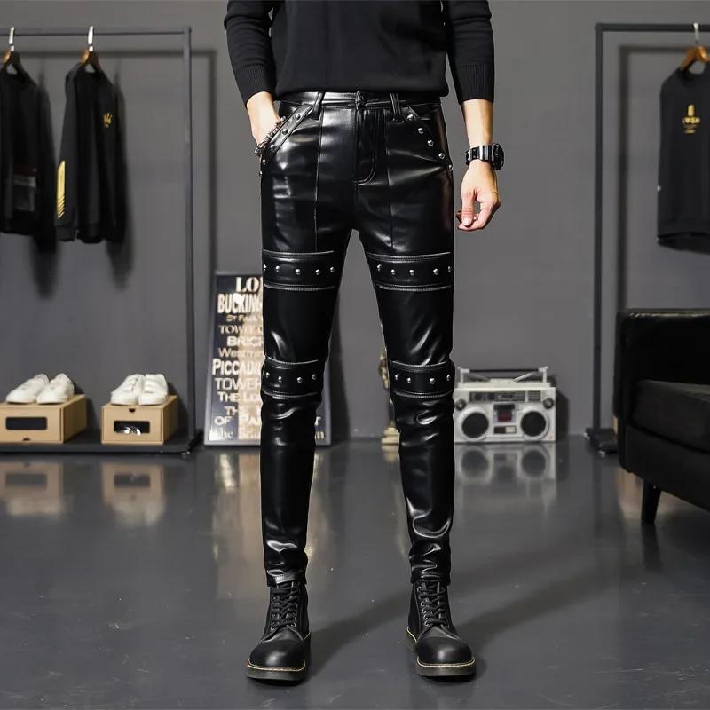 Autumn Spring Mens Skinny Biker Leather Pants Fashion Faux Leather Motorcycle Trousers for Male Trouser Stage Club Wear