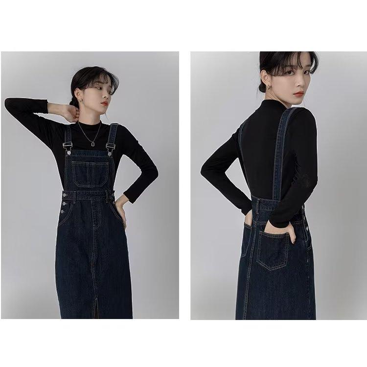 Autumn Vintage Dark Blue Denim Strap Dress For Women Loose Spring Dresses
