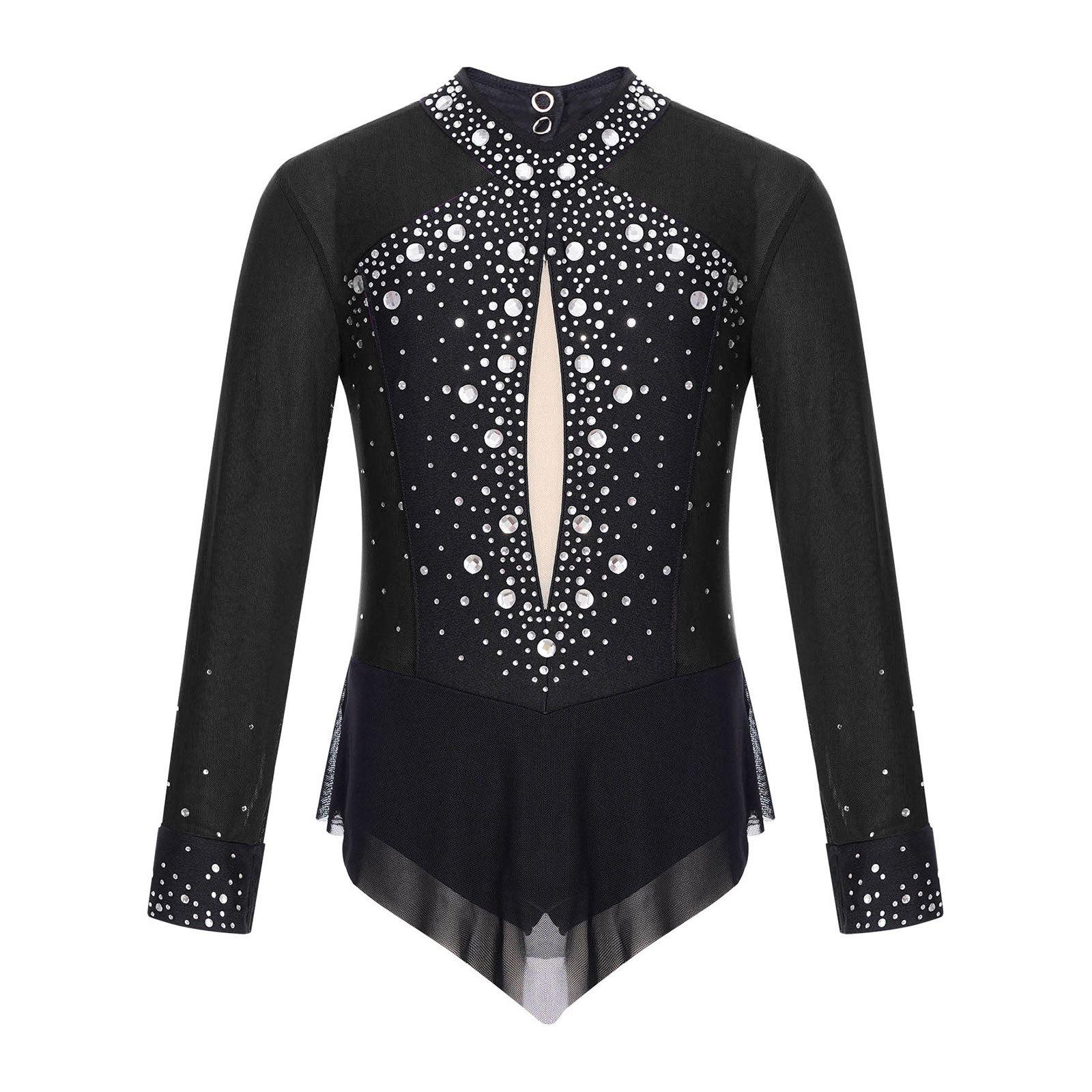 

Girls Sparkly Rhinestones Leotard Color Block Sheer Mesh Patchwork Skirted Bodysuit Figure Skating Dance Gymnastics Wear 5-6 Years чорний