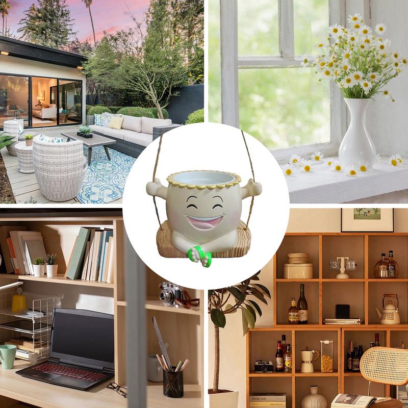 Swing Face Planter Pot Swing Chair Flower Head Resin Planter Cartoon Hangable Outdoor Flower Planter With Drainage Hole For