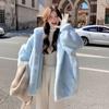 Autumn and winter new blue hooded top women's coat fur fur coat loose warm thickened medium and long