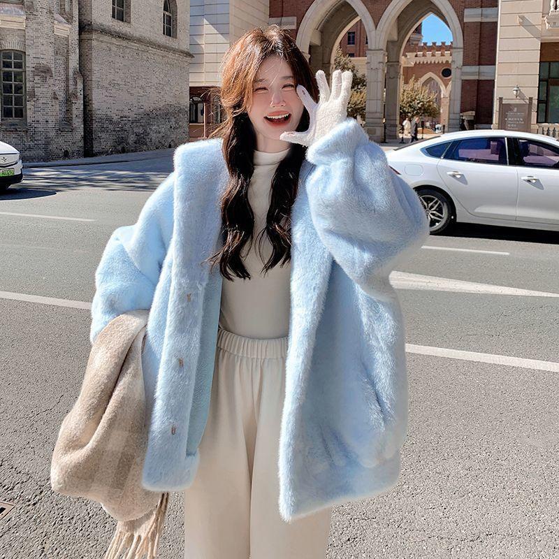 Autumn and winter new blue hooded top women's coat fur fur coat loose warm thickened medium and long