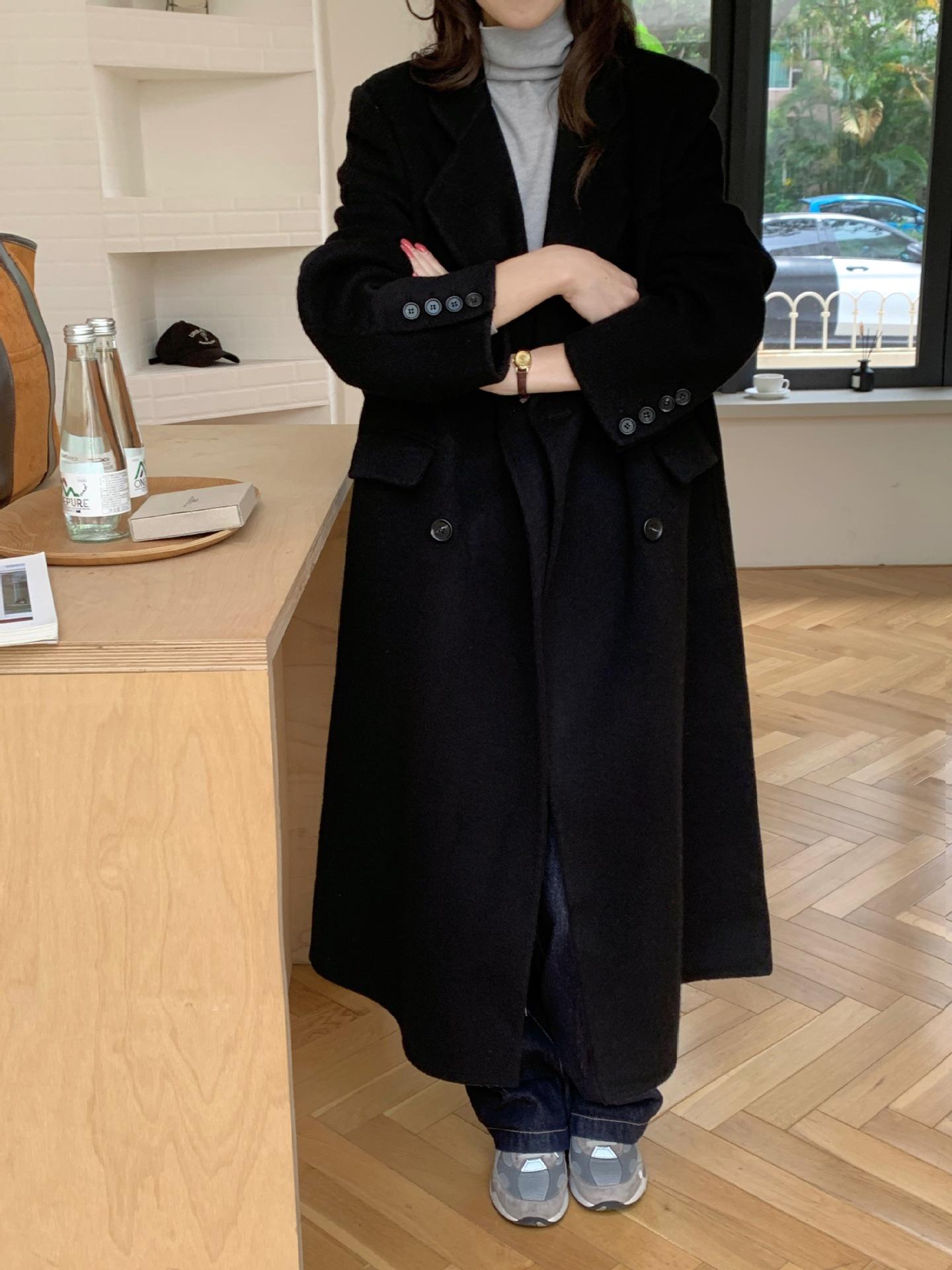 

804 темпераментное двустороннее кашемировое пальто для通勤, женское осенне-зимнее модное шерстяное пальто M чёрный