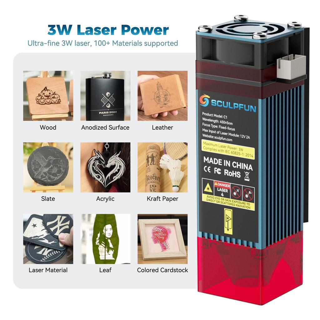 SCULPFUN C1 Laser Engraver Cutter Mini Laser Engraver Machine 3W Laser Power 0.04*0.04mm Laser Spot 150×130 mm Engraving Area