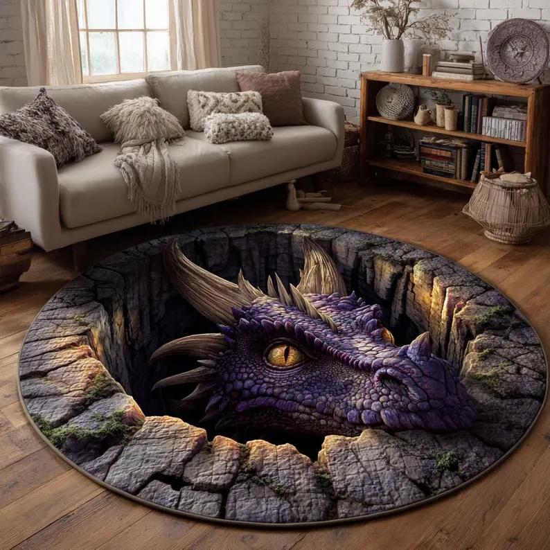 2D Dragon Eye Cave Area Rug Round Fantasy Decor Non - Slip Carpet Perfect for Living Room/Bedroom, Gothic Home Style