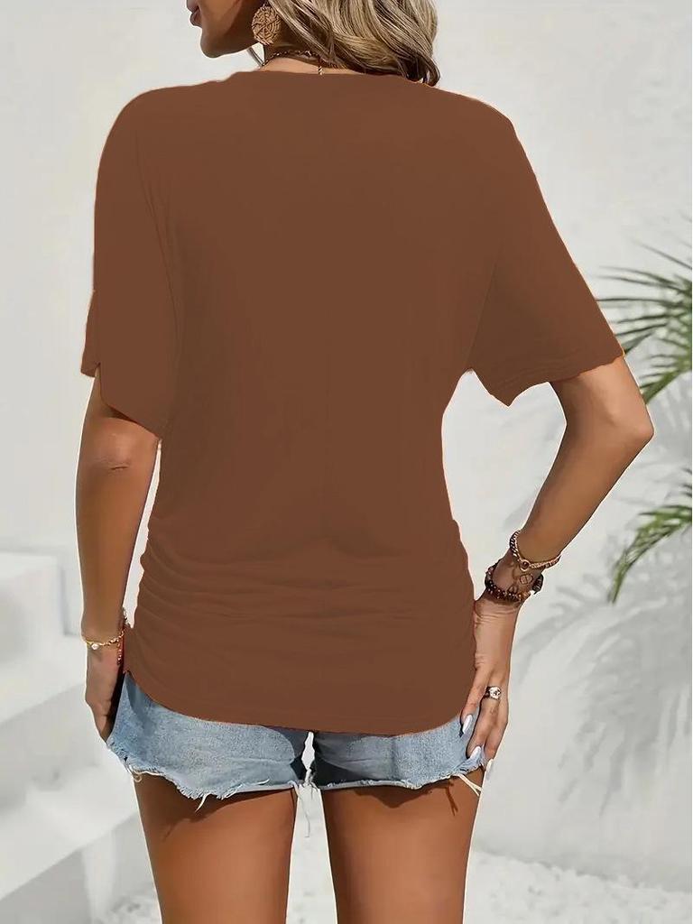 2025 Women's Casual Solid Color Waist-Cinching Short-Sleeve Round Neck T-Shirt