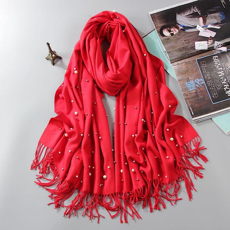 Luxury Pearls Solid Color Cashmere Scarf Women Winter Warm Pashmina Scarves Tassel Casual Bufanda Poncho Lady Wraps Shawls