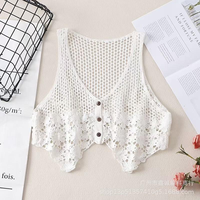 Summer Spice Girl Design Sense Crochet Hollow Suspender Women's Knitted Vest Vest Outside Sleeveless Blouse Top