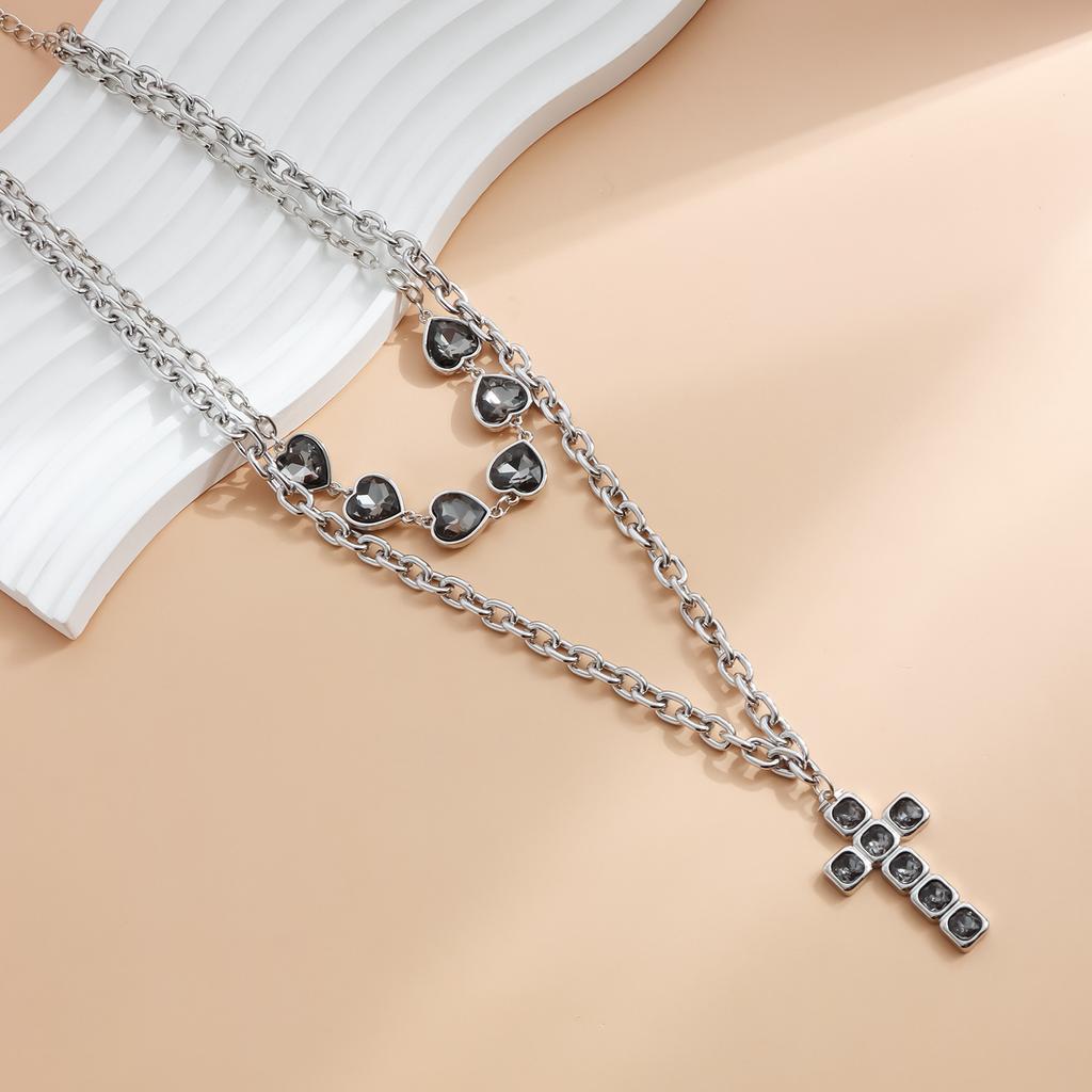 Fashion Black Rhinestone Heart Cross Pendant Necklaces for Women Punk Double Layered Silver Color Chain Necklaces Party Jewelry