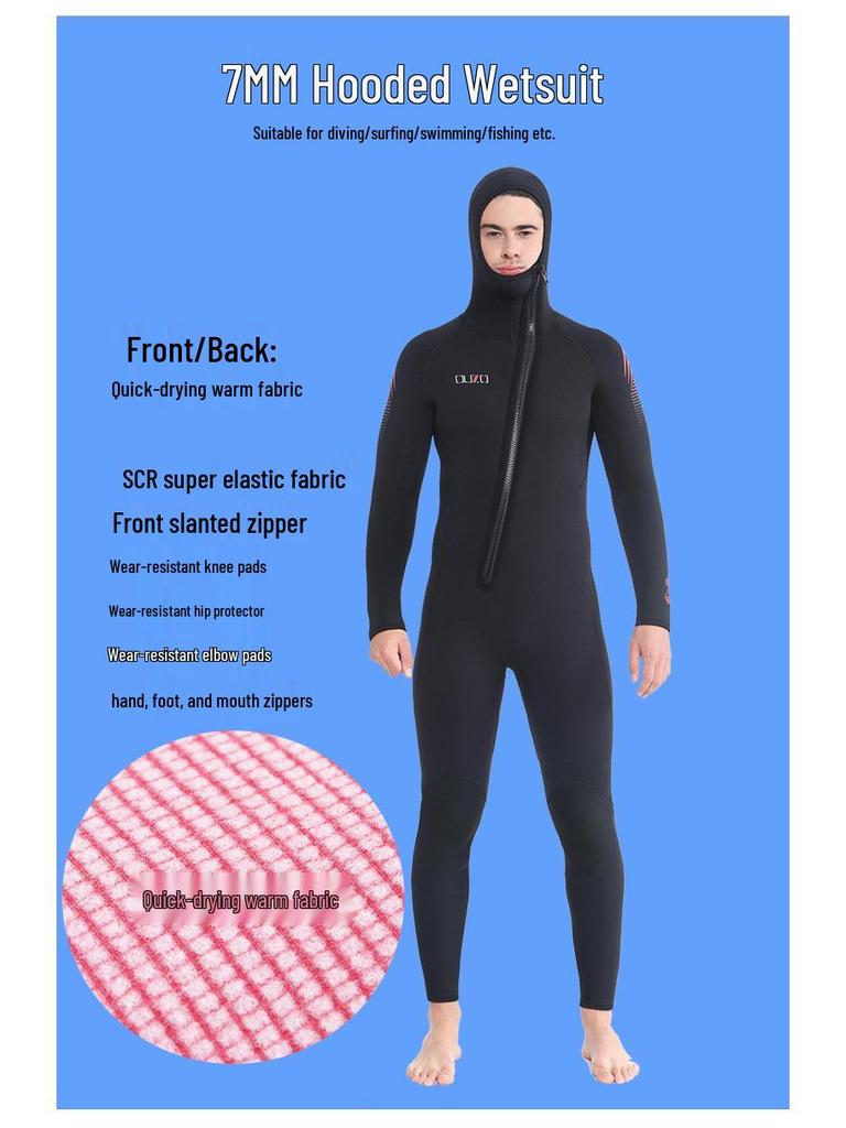 OUZO 7mm Men's One-Piece CR Elastic Wetsuit for Cold-Proof Diving, Surfing, and Winter Swimming.