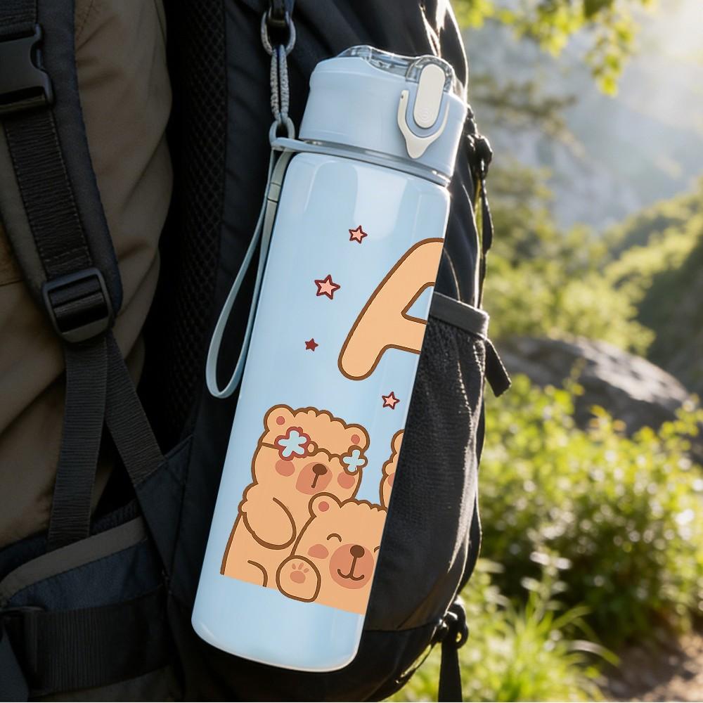 1PC Letter A Bear Couple Print 750ml Color Plastic Sports Water Bottle Leakproof Flip Straw Lid Suitable for Sports Office Home Use