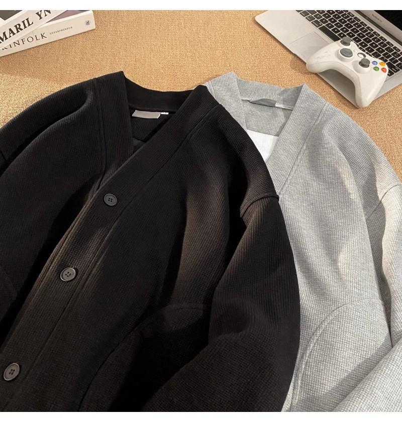 Waffle V-neck sweater men s retro American heavy ruffian handsome loose jacket XXXL чёрный