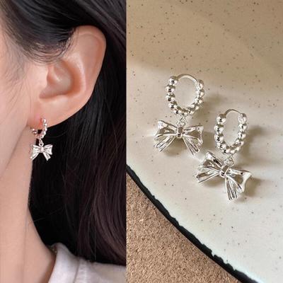 Betty Silver Drop Ribbon One-Touch Ring Earrings (925 Silver)