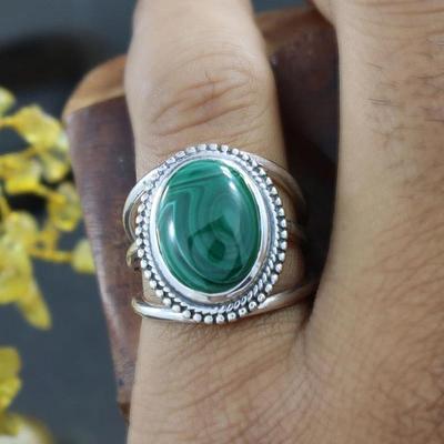 Malachit-Edelstein-Ring, handgefertigter Boho-Designer-Ring, 925 Sterling Silber, Modeschmuck, Silber-Charm-Schmuck