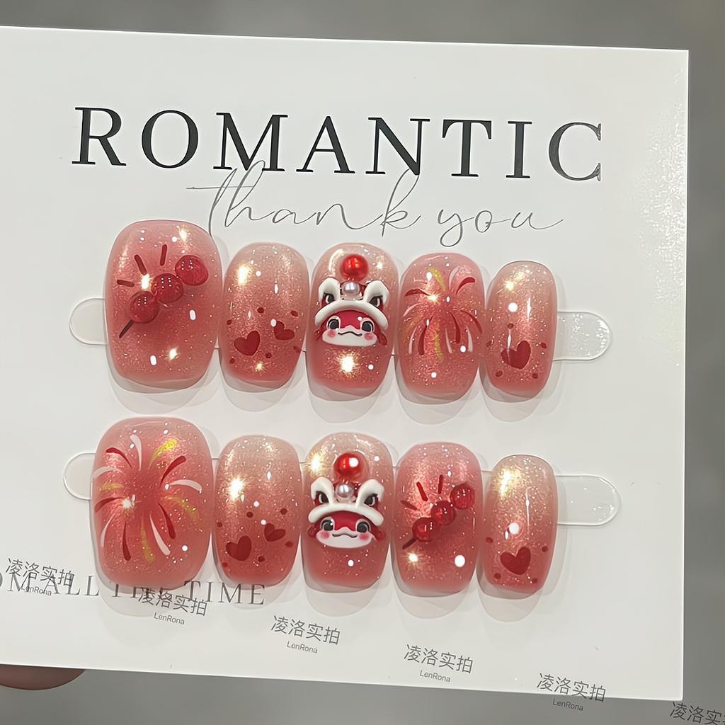 Press on Nails Artificial Acrylic Nails Glossy False Nails Full Cover Stick on Nails Square Fake Nails with Glitter Design Glue on Nails for Women