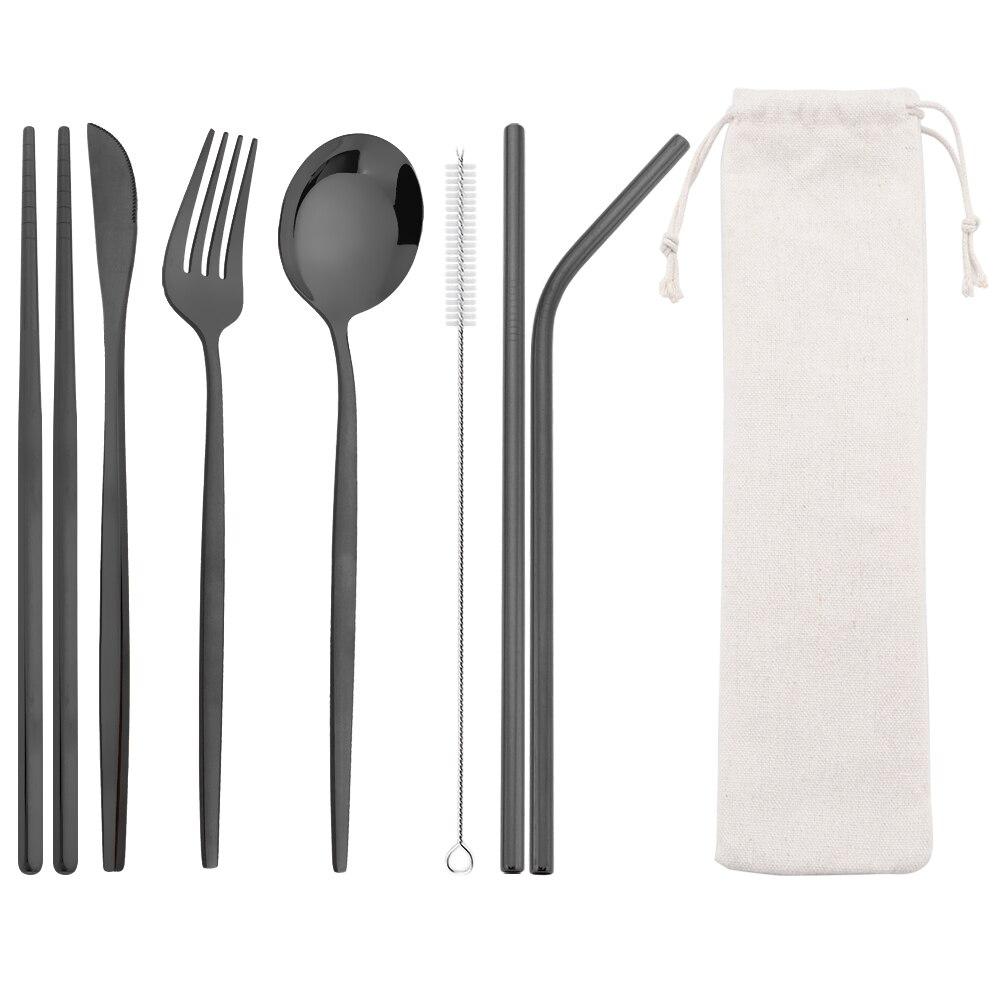 8Pcs/Set Portable Stainless Steel Dinnerware Set Travel Camping Spoon Fork Knife Chopsticks Straws Brush Tableware Flatware Set with Storage Bag