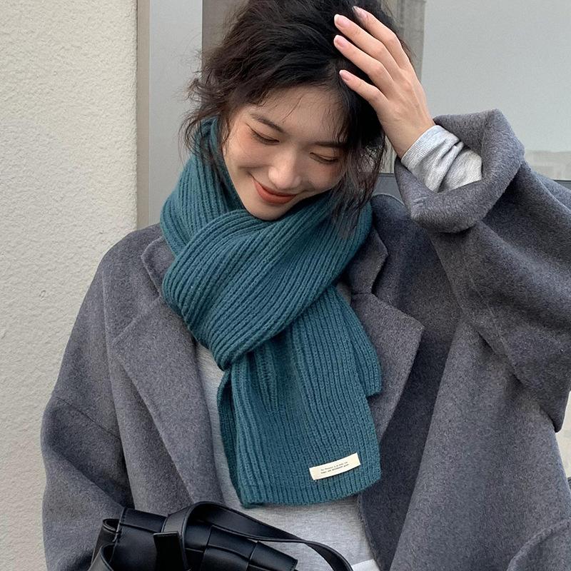 Korean Ins Solid Color Labeling Wool Scarf Women Winter Warm Versatile Student Couple Internet Celebrity Knitted Scarf Tide