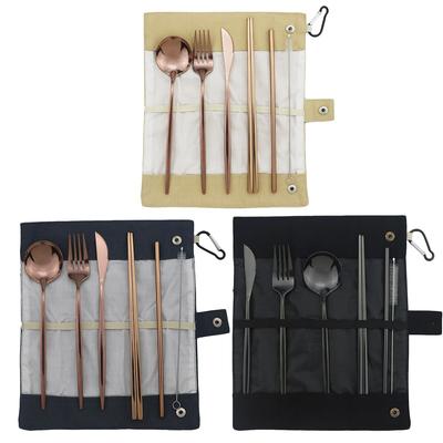 Borsa Portaoggetti Rosa Set di Stoviglie Portatile Set in Acciaio Inossidabile Coltello Forchetta Cucchiaio Bacchette Cannuccia Viaggio Campeggio Barbecue Set di Stoviglie