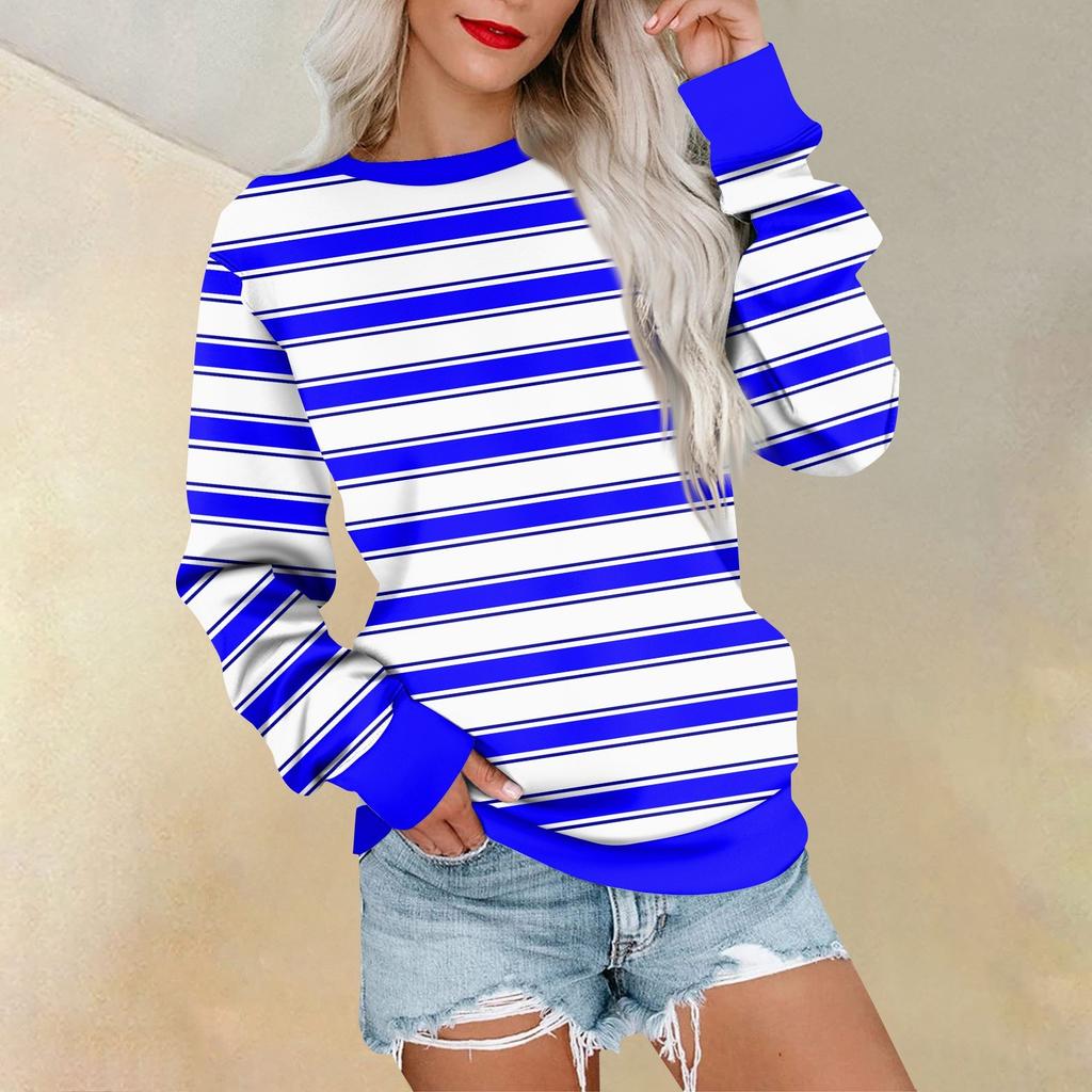 Long Sleeve Sweatshirt For Women Stripe Print Graphic Tees Blouses Casual Plus Size Basic Tops Pullover